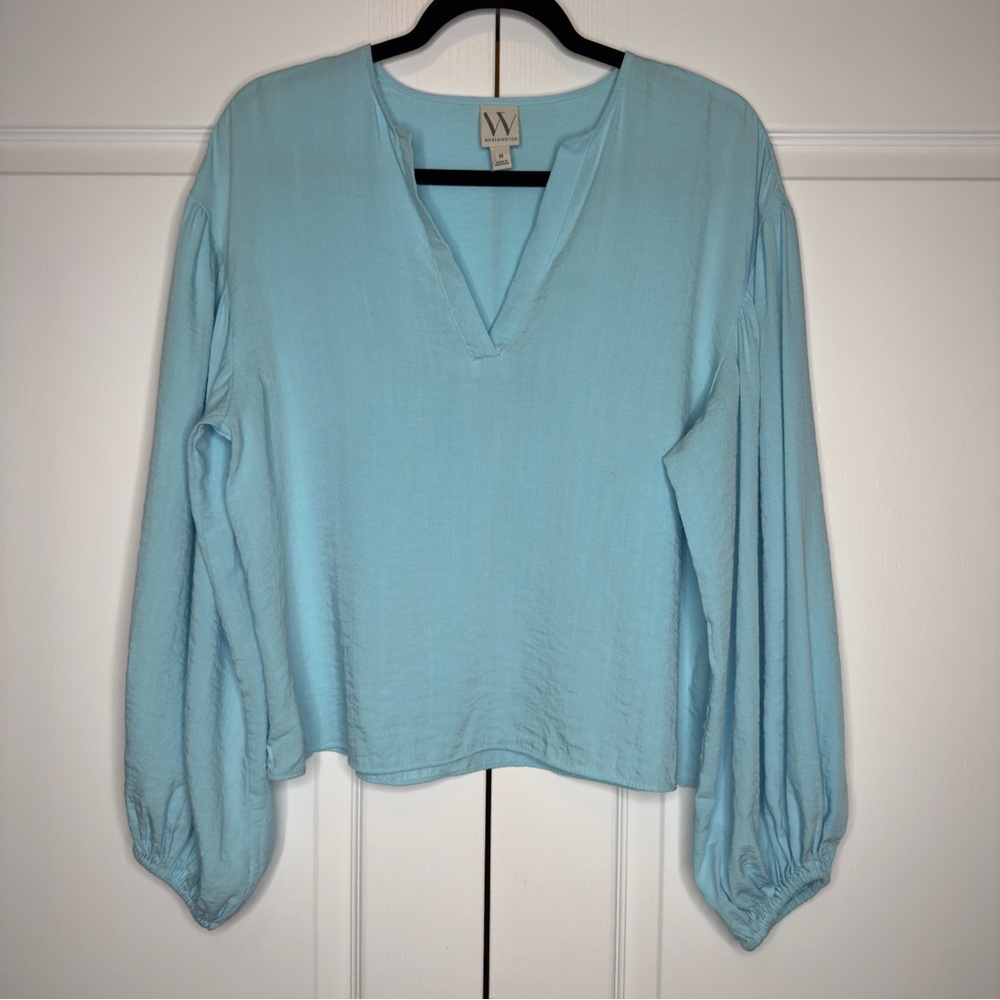 Worthington Women’s‎ Medium Light Blue V-Neck Blouse Balloon Sleeve Rayon Top